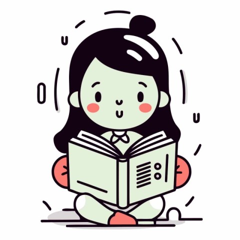 Cute illustration of a girl reading a book on white background.