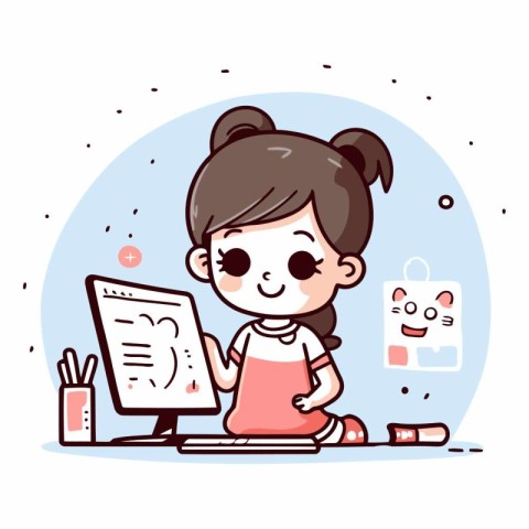 Cute little girl using computer to do homework.