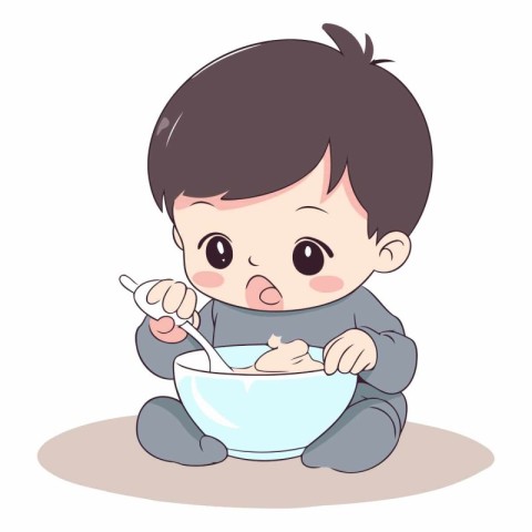 Cute little baby boy eating with spoon in bowl.