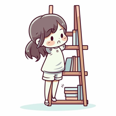 Girl standing on ladder and looking at bookshelf.