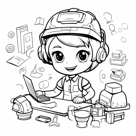 Coloring book for children: boy in a construction helmet working