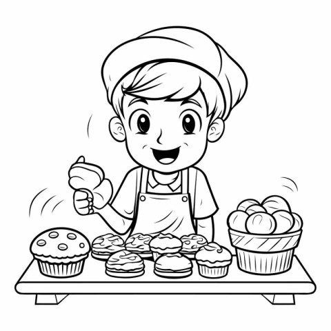 Black and White Cartoon Illustration of Cute Little Boy Baking M