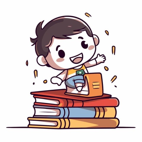 Boy reading a book on stack of books. Vector cartoon illustratio