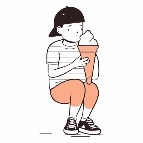 Girl eating ice cream in a flat style on a white background.