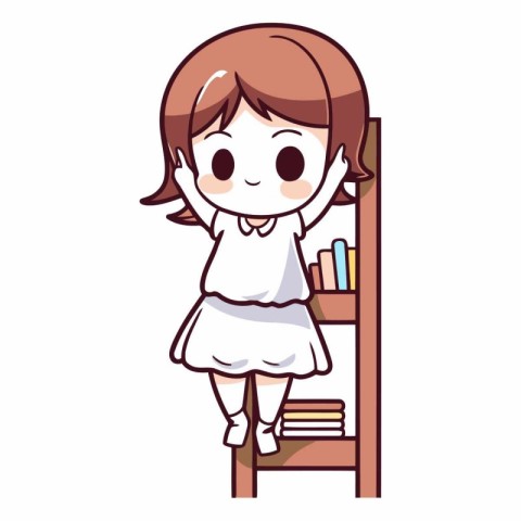 girl standing on bookshelf and smiling cartoon vector illustrati