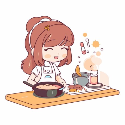 Illustration of a Cute Little Girl Cooking in the Kitchen.