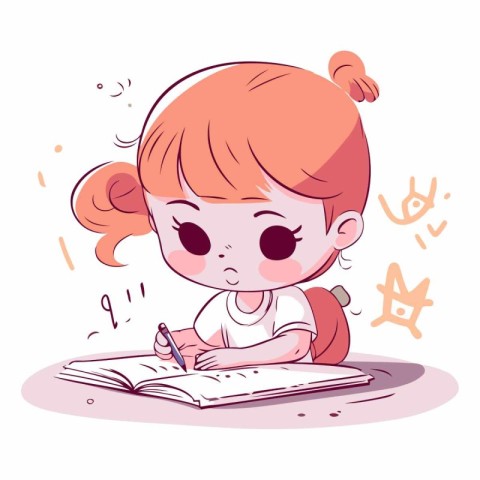 Cute little girl writing in a notebook. Vector cartoon illustrat