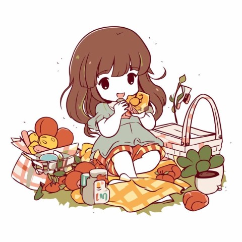 Illustration of a little girl sitting on a picnic blanket and ea