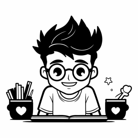 Boy with glasses reading a book. black and white vector illustra