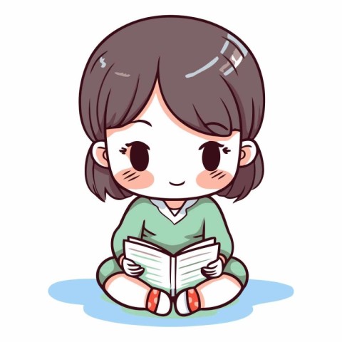 Illustration of a Cute Little Girl Reading a Book on White Backg