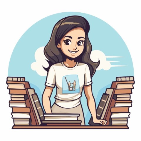 Vector illustration of a happy girl sitting on a pile of books.