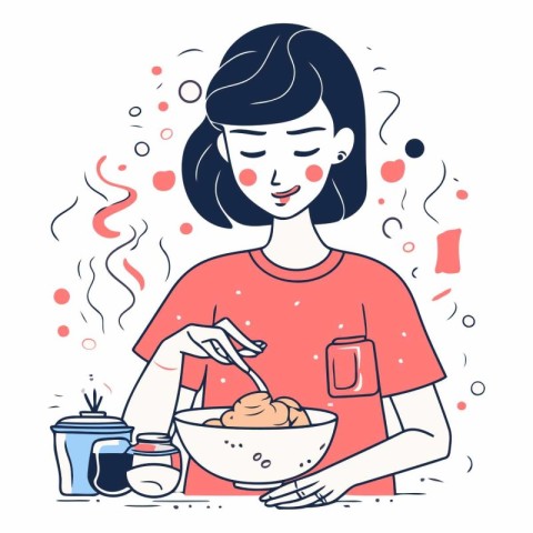 Young woman cooking healthy food in doodle style.