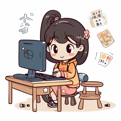 Illustration of a Cute Girl Using a Computer on Her Desk