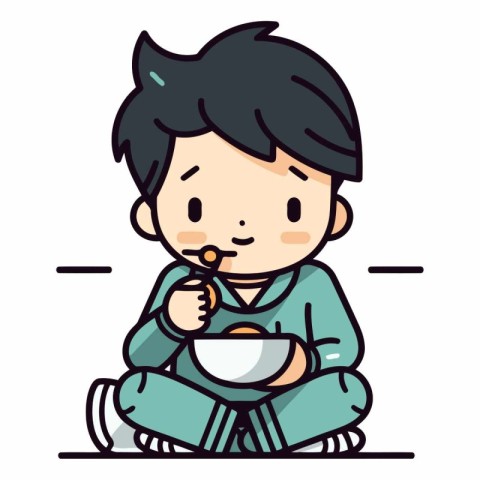 Illustration of a Kid Boy Eating a Bowl of Noodles