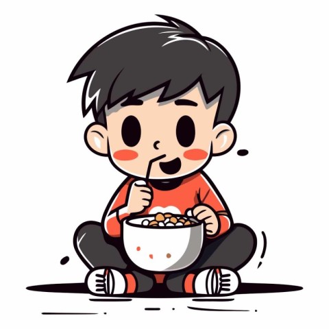 Illustration of a Kid Boy Eating a Bowl of Cornflakes