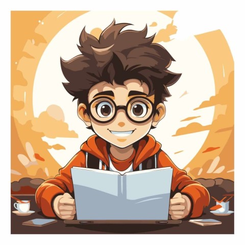 Cute boy reading a book in cartoon style.