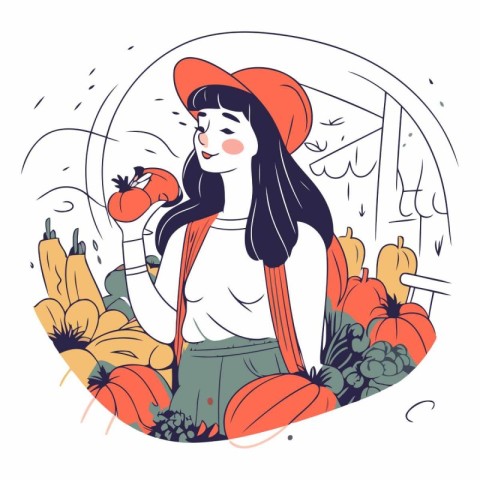 Vector illustration of a girl in a hat with a pumpkin on the far