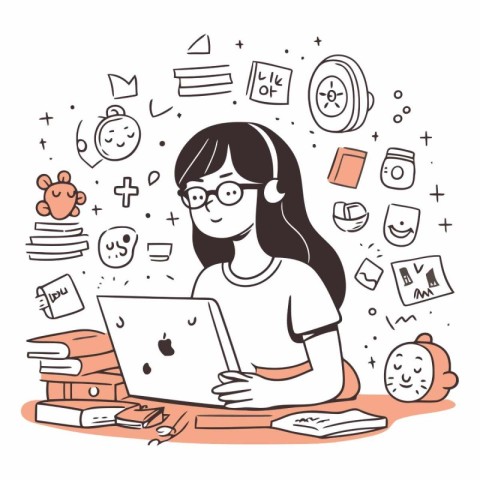 Vector illustration of a girl with glasses and a laptop on a whi