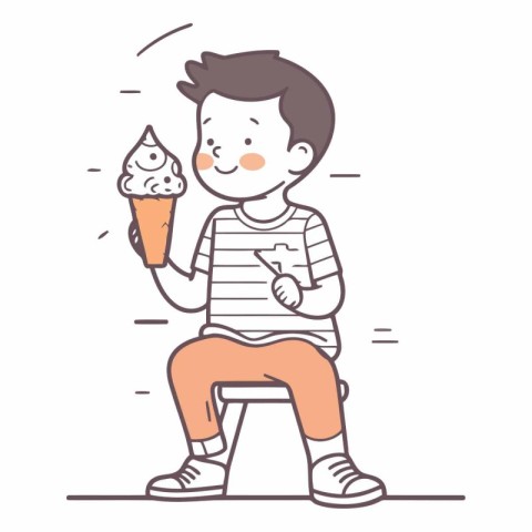 Cute boy eating ice cream in linear style.