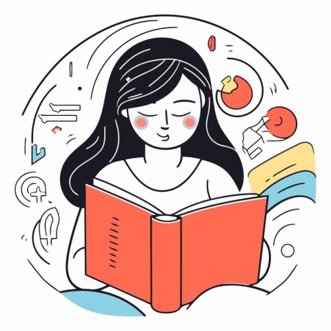 Girl reading a book in doodle style.