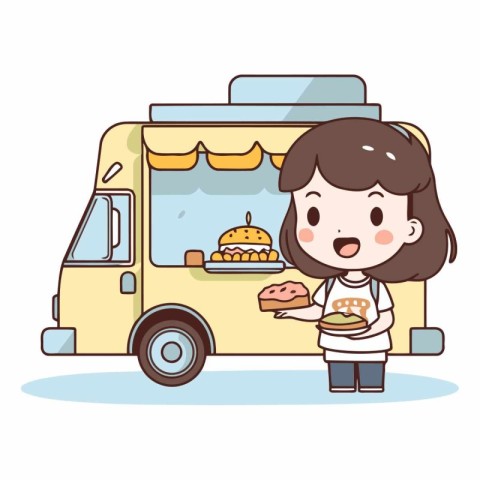 Illustration of a girl in front of a food truck with a cake