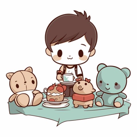 Cute boy and his teddy bears sitting in a table with cake