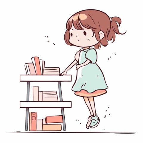 Girl standing on the bookshelf with books.