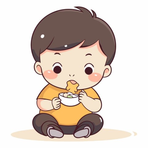 Illustration of a Cute Little Boy Eating a Bowl of Food