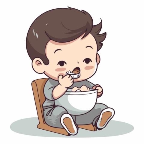 Illustration of a Baby Boy Eating a Bowl of Cereal.