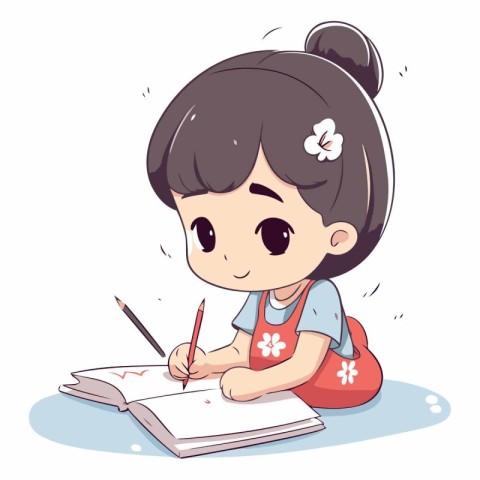 Illustration of a Cute Girl Drawing with Pencil on Paper