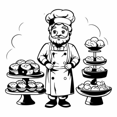 Black and white illustration of a chef in a hat and apron standi