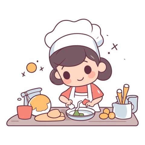 Illustration of a cute girl in a chef's hat cooking in the kitch