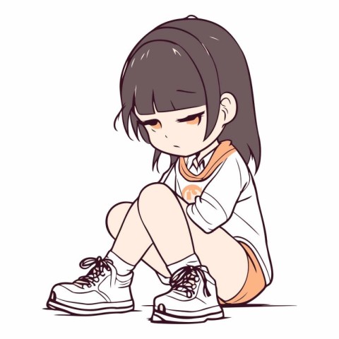 Sad schoolgirl sitting on the floor and holding her shoes.