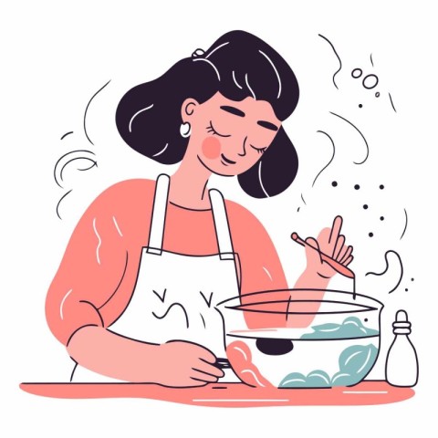 Vector illustration of a woman cooking in the kitchen. Cartoon s