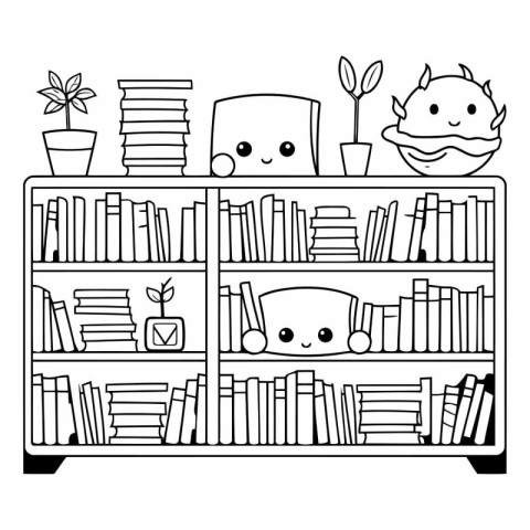 Bookshelf with books and plants. Black and white vector illustra