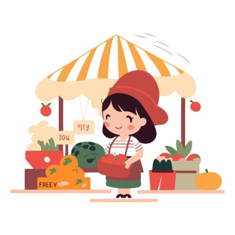 Cute little girl holding a basket of fresh vegetables.