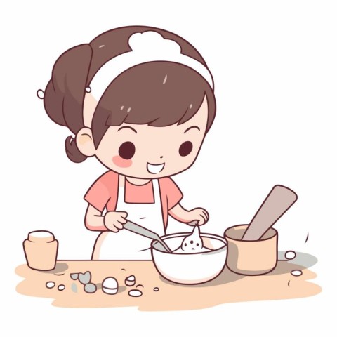 Illustration of a Cute Girl Mixing Ingredients in a Bowl