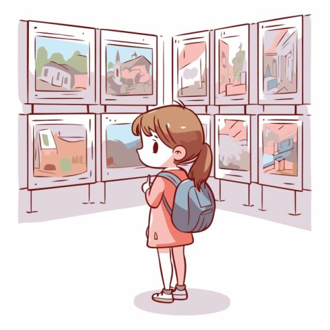 Illustration of a Little Girl Going to School in the City Center