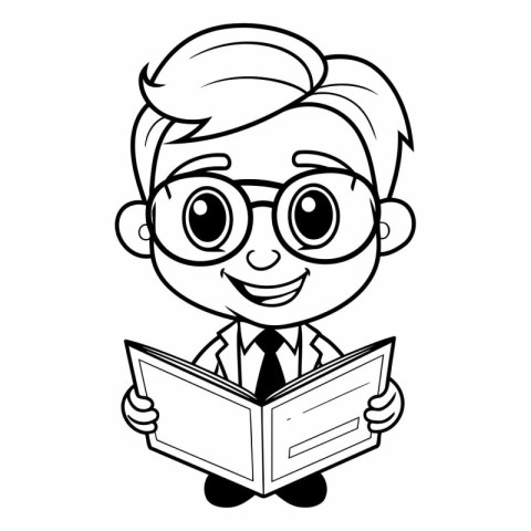 Businessman Reading Book - Black and White Cartoon Illustration.