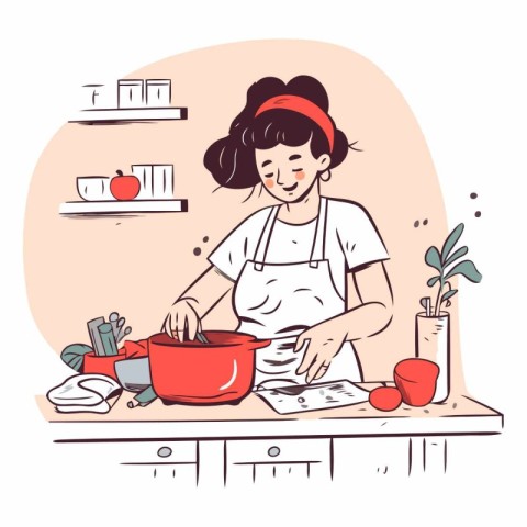 Young woman cooking in the kitchen in cartoon style.