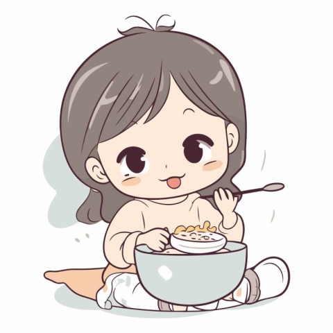 Illustration of a Cute Little Girl Eating a Bowl of Breakfast