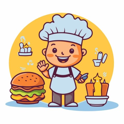 Chef boy with hamburger cartoon vector illustration. Cute cartoo