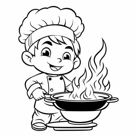 Black and White Cartoon Illustration of Cute Little Chef Cooking