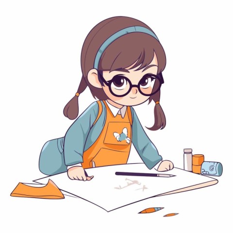 Cute little girl drawing with pencils. Vector cartoon illustrati