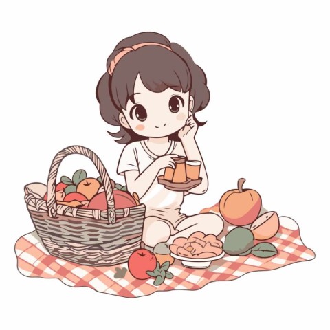 Illustration of a cute little girl with a basket of fruit.