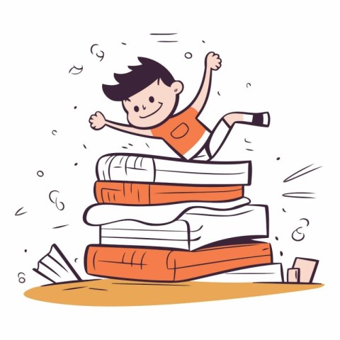 Happy boy jumping on pile of books in cartoon style.