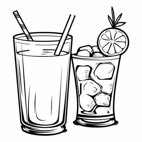 Cocktail with ice and lemon. Black and white vector illustration