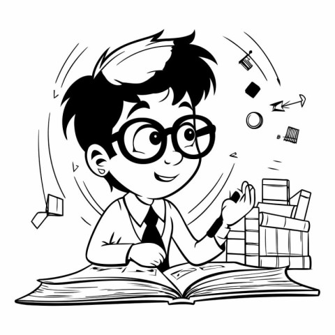 Funny nerd boy reading book. Black and white vector illustration