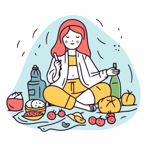 Vector illustration of a woman sitting on the floor and eating h