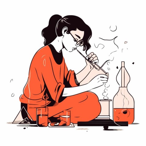 Vector illustration of a young woman working in the laboratory w